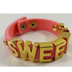 BCBG SWEET Affirmation Gold tone slide letters & heart Pink Silicone Bracelet